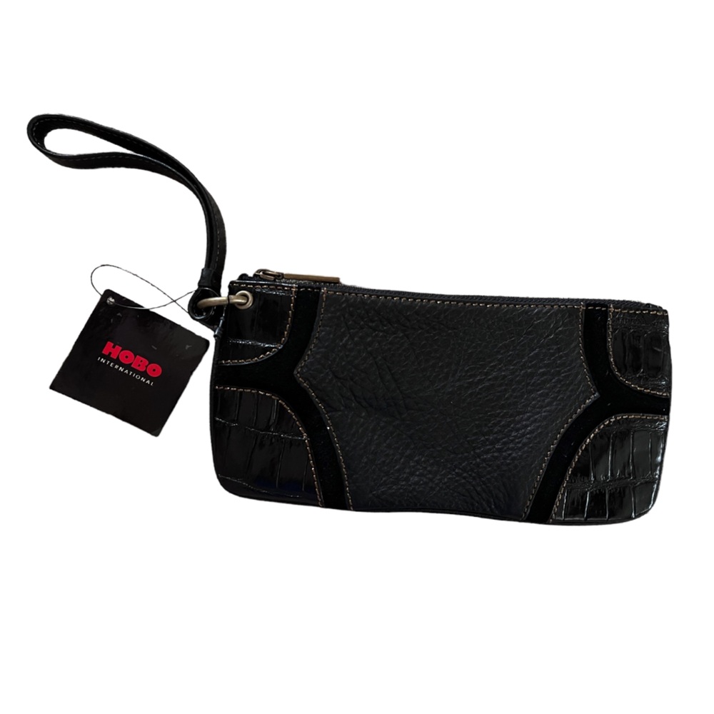 Hobo International Black Leather Suede Alligator Clutch Zip Wristlet NWT